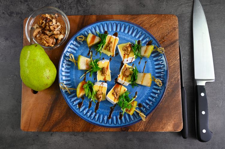 Pear, Rocket, Brie, Walnut and Balsamic Skewers